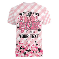 Personalized In October We Wear Pink Women V-Neck T-Shirt Pink Pretty Bow Pastel Gingham - Wonder Print Shop