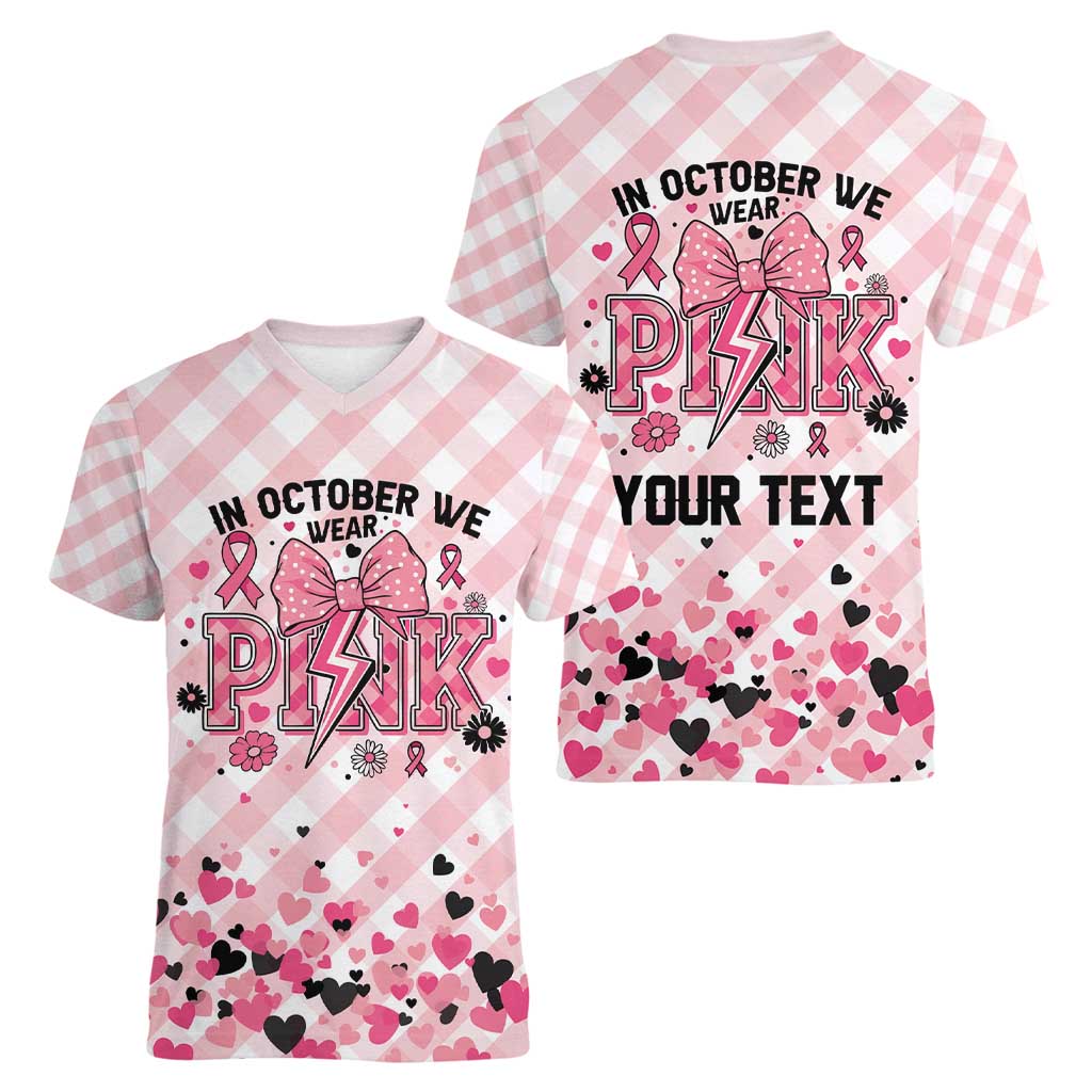 Personalized In October We Wear Pink Women V-Neck T-Shirt Pink Pretty Bow Pastel Gingham - Wonder Print Shop
