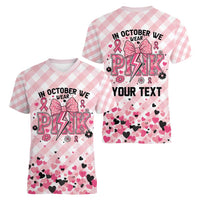Personalized In October We Wear Pink Women V-Neck T-Shirt Pink Pretty Bow Pastel Gingham - Wonder Print Shop