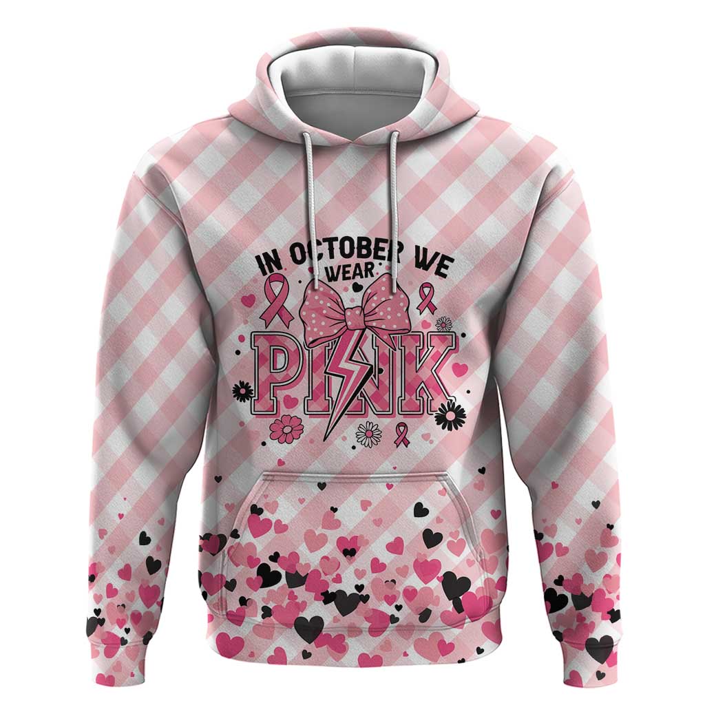 Personalized In October We Wear Pink Zip Hoodie Pink Pretty Bow Pastel Gingham - Wonder Print Shop