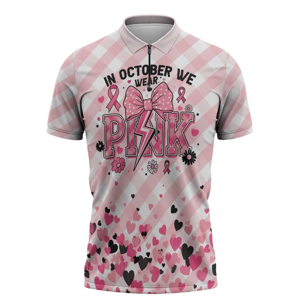 Personalized In October We Wear Pink Zipper Polo Shirt Pink Pretty Bow Pastel Gingham - Wonder Print Shop