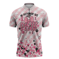 Personalized In October We Wear Pink Zipper Polo Shirt Pink Pretty Bow Pastel Gingham - Wonder Print Shop