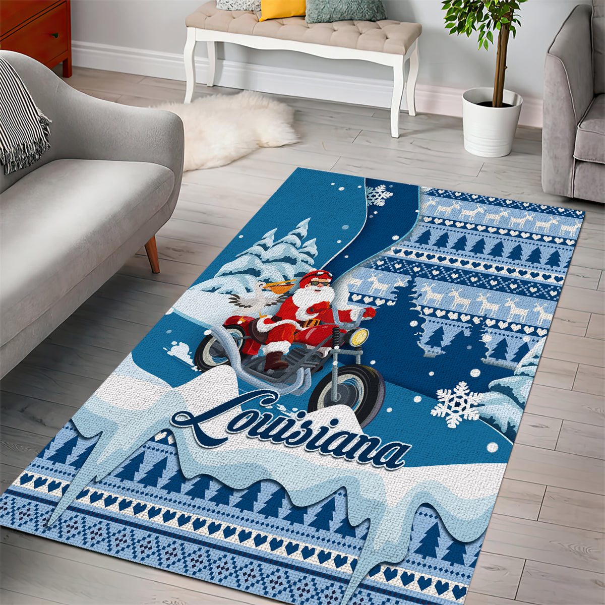 Custom Louisiana Christmas Area Rug Santa Claus Riding Motorcycle With Pelican - Wonder Print Shop