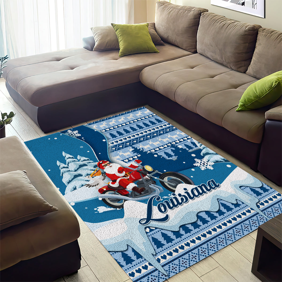 Custom Louisiana Christmas Area Rug Santa Claus Riding Motorcycle With Pelican - Wonder Print Shop