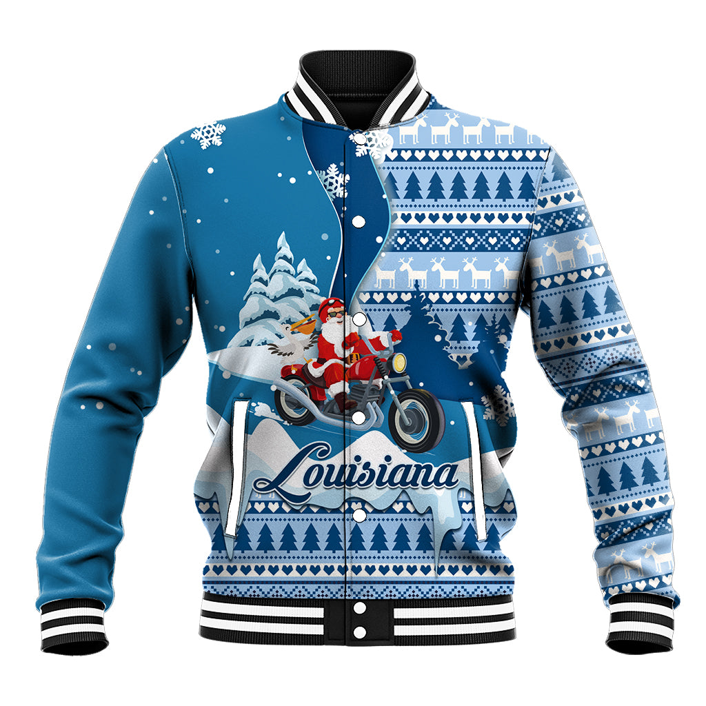 Custom Louisiana Christmas Baseball Jacket Santa Claus Riding Motorcycle With Pelican - Wonder Print Shop
