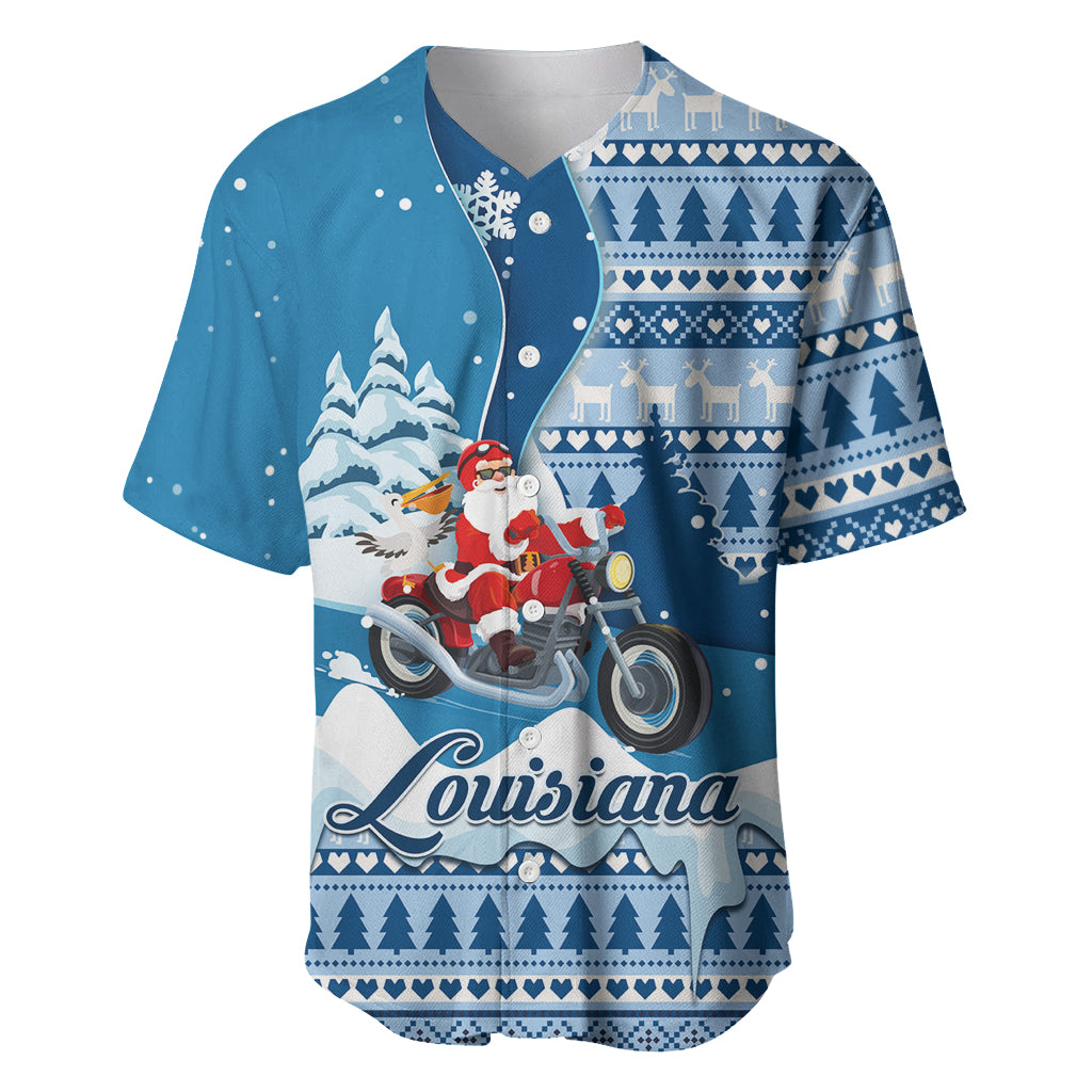 Custom Louisiana Christmas Baseball Jersey Santa Claus Riding Motorcycle With Pelican - Wonder Print Shop