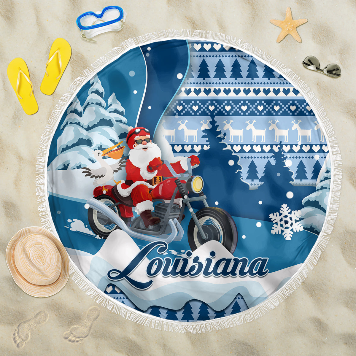 Custom Louisiana Christmas Beach Blanket Santa Claus Riding Motorcycle With Pelican - Wonder Print Shop