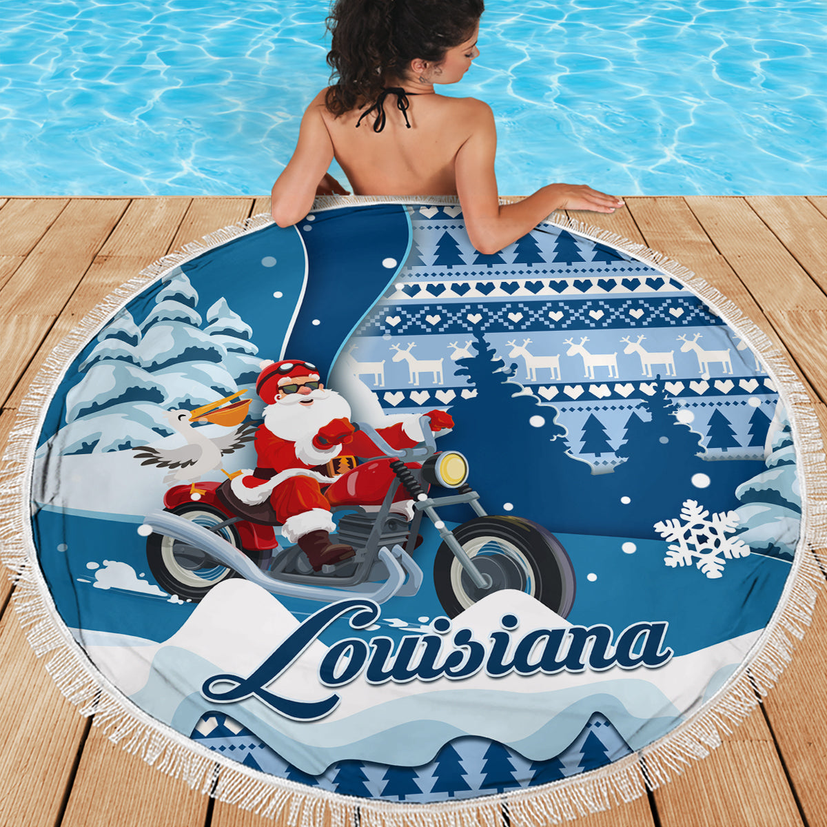 Custom Louisiana Christmas Beach Blanket Santa Claus Riding Motorcycle With Pelican - Wonder Print Shop