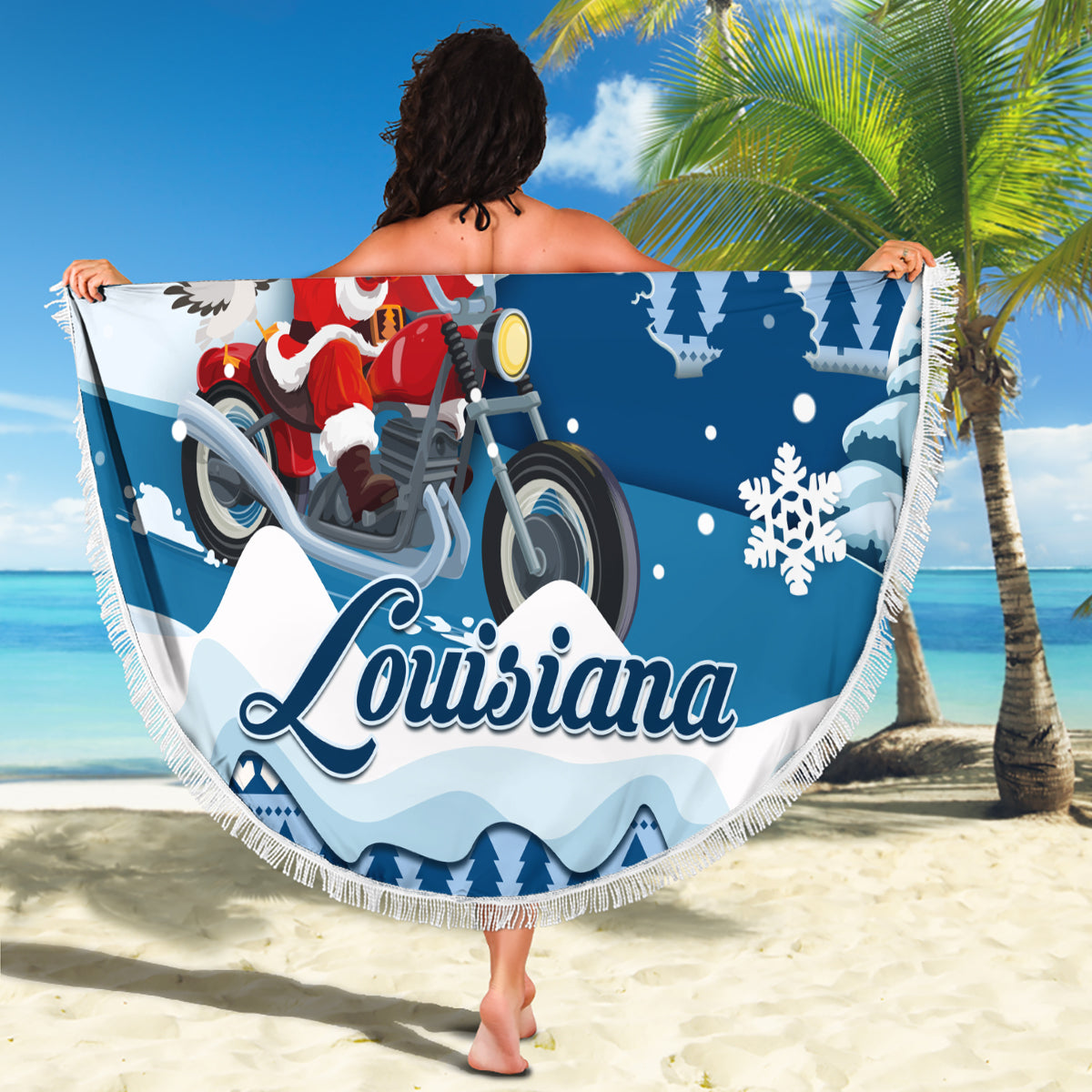Custom Louisiana Christmas Beach Blanket Santa Claus Riding Motorcycle With Pelican - Wonder Print Shop
