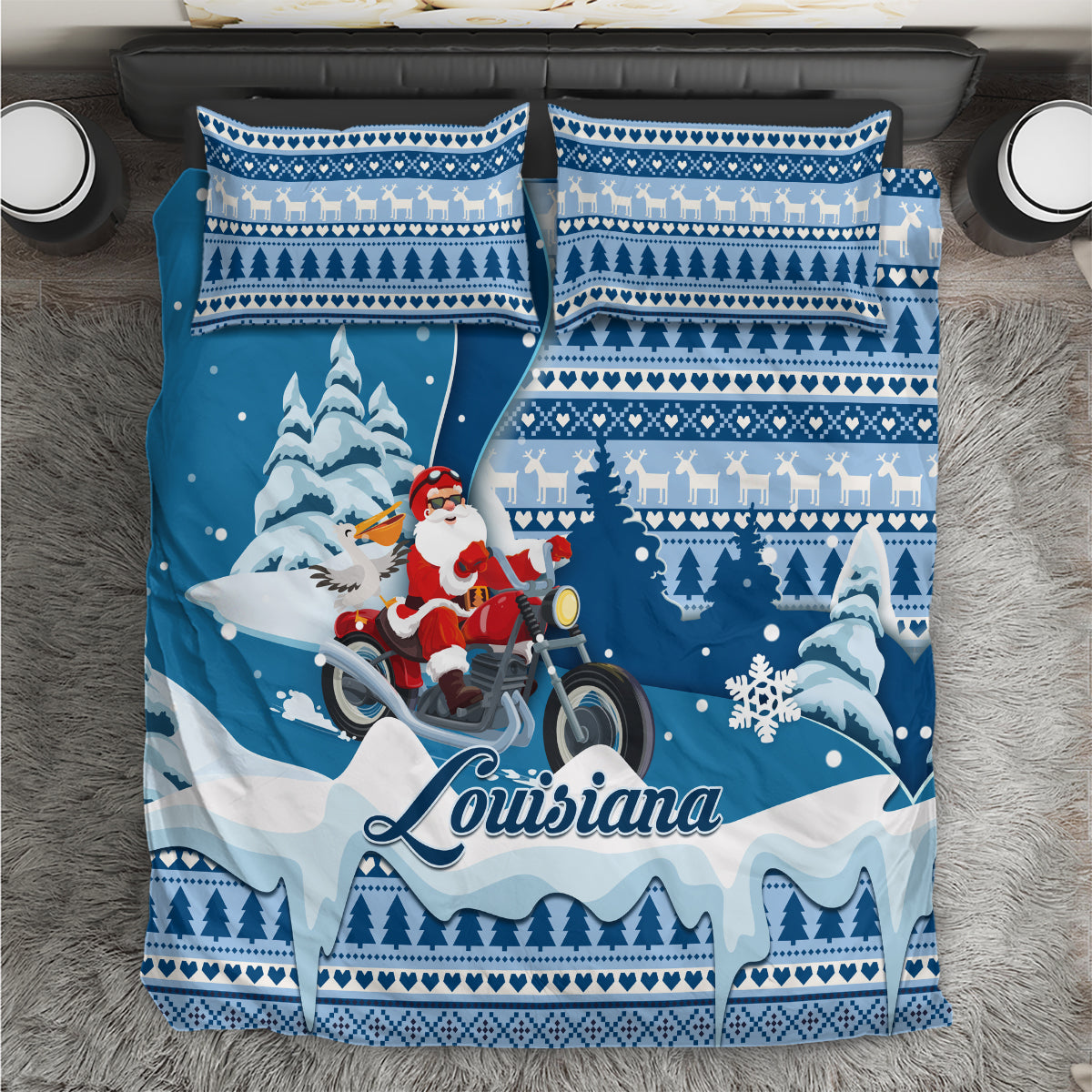 Custom Louisiana Christmas Bedding Set Santa Claus Riding Motorcycle With Pelican - Wonder Print Shop