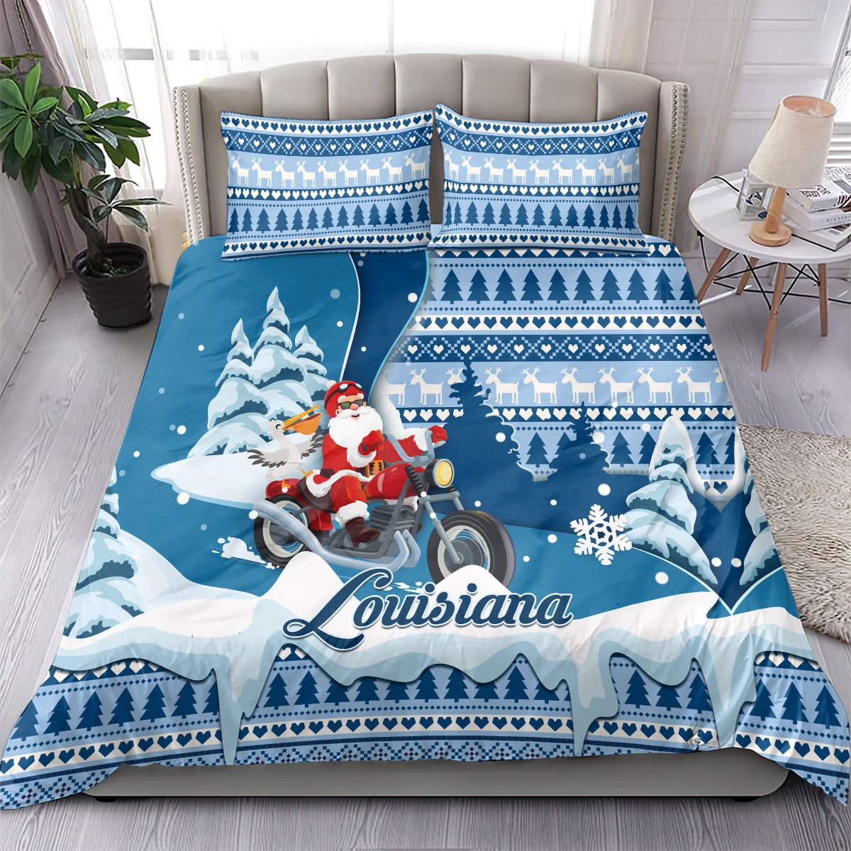 Custom Louisiana Christmas Bedding Set Santa Claus Riding Motorcycle With Pelican - Wonder Print Shop