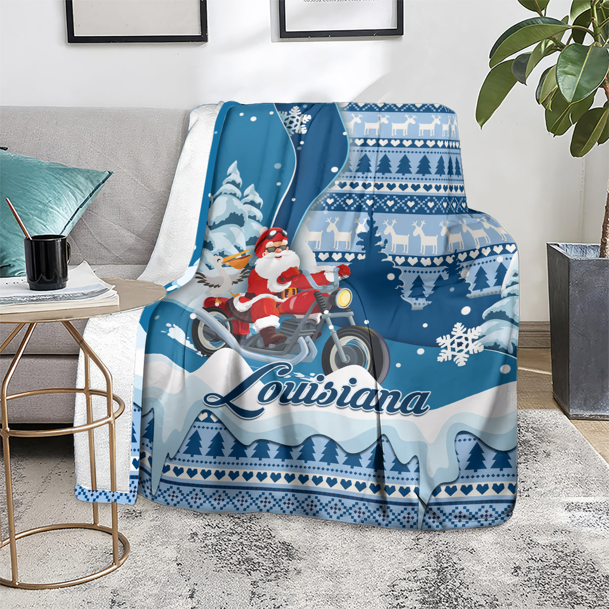 custom-louisiana-christmas-blanket-santa-claus-riding-motorcycle-with-pelican