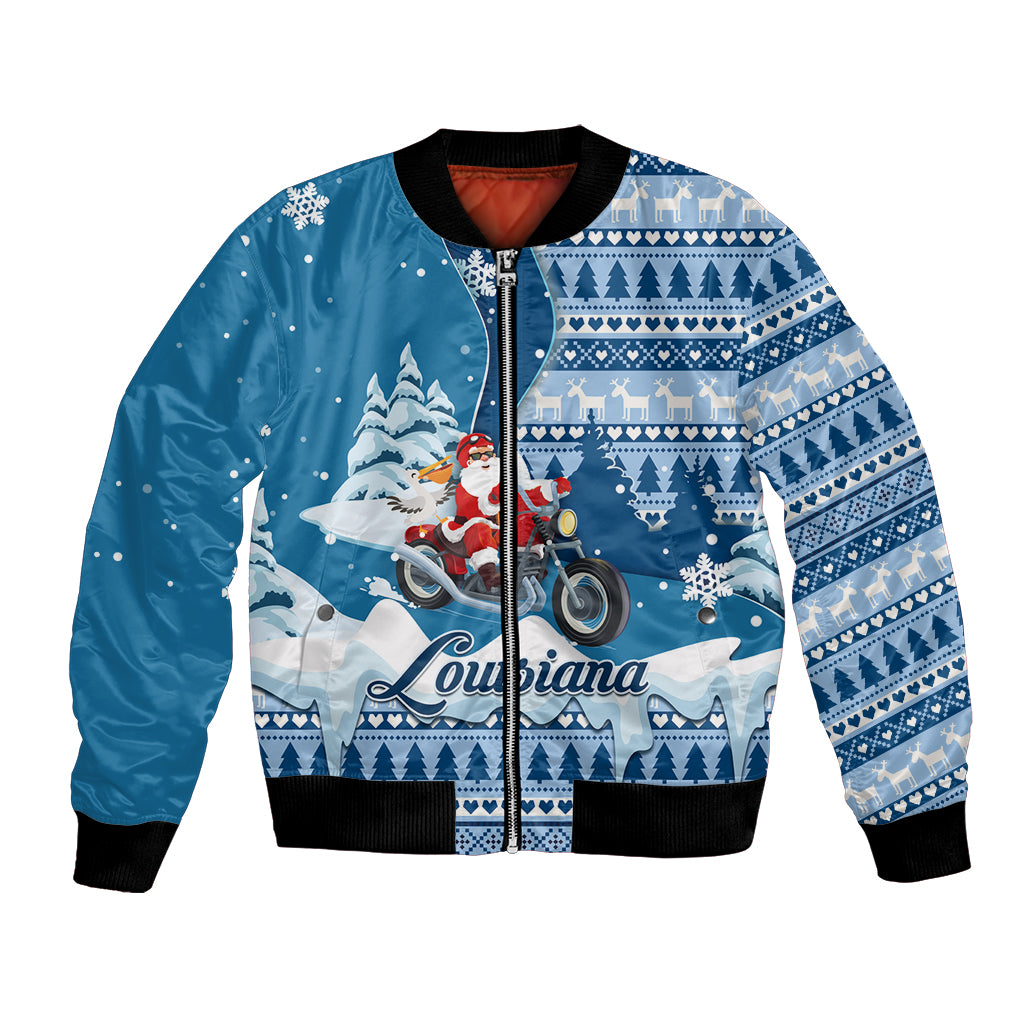 Custom Louisiana Christmas Bomber Jacket Santa Claus Riding Motorcycle With Pelican - Wonder Print Shop