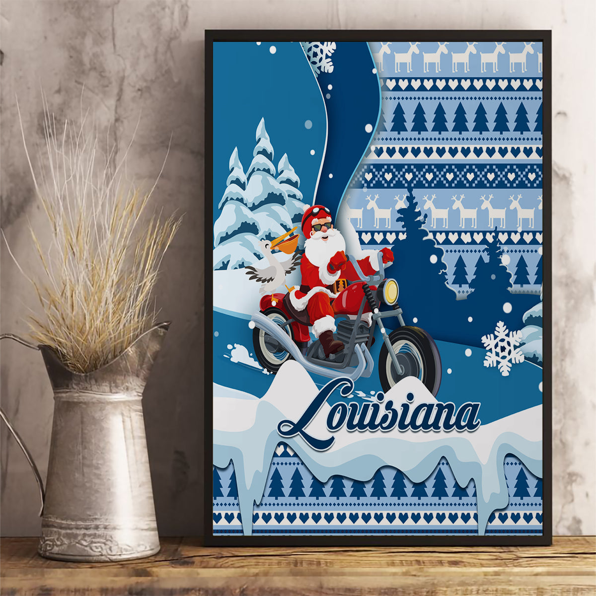 Custom Louisiana Christmas Canvas Wall Art Santa Claus Riding Motorcycle With Pelican - Wonder Print Shop