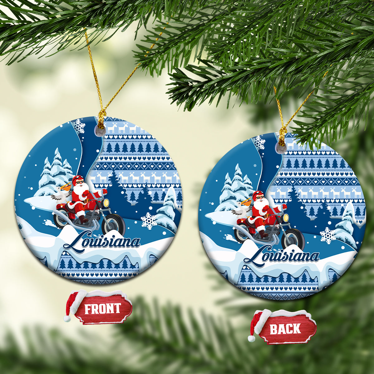 Louisiana Christmas Ceramic Ornament Santa Claus Riding Motorcycle With Pelican - Wonder Print Shop