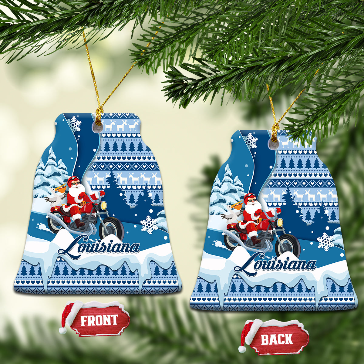 Louisiana Christmas Ceramic Ornament Santa Claus Riding Motorcycle With Pelican - Wonder Print Shop