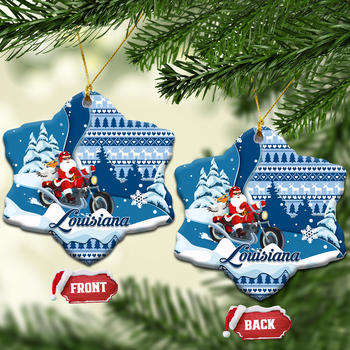 Louisiana Christmas Ceramic Ornament Santa Claus Riding Motorcycle With Pelican - Wonder Print Shop