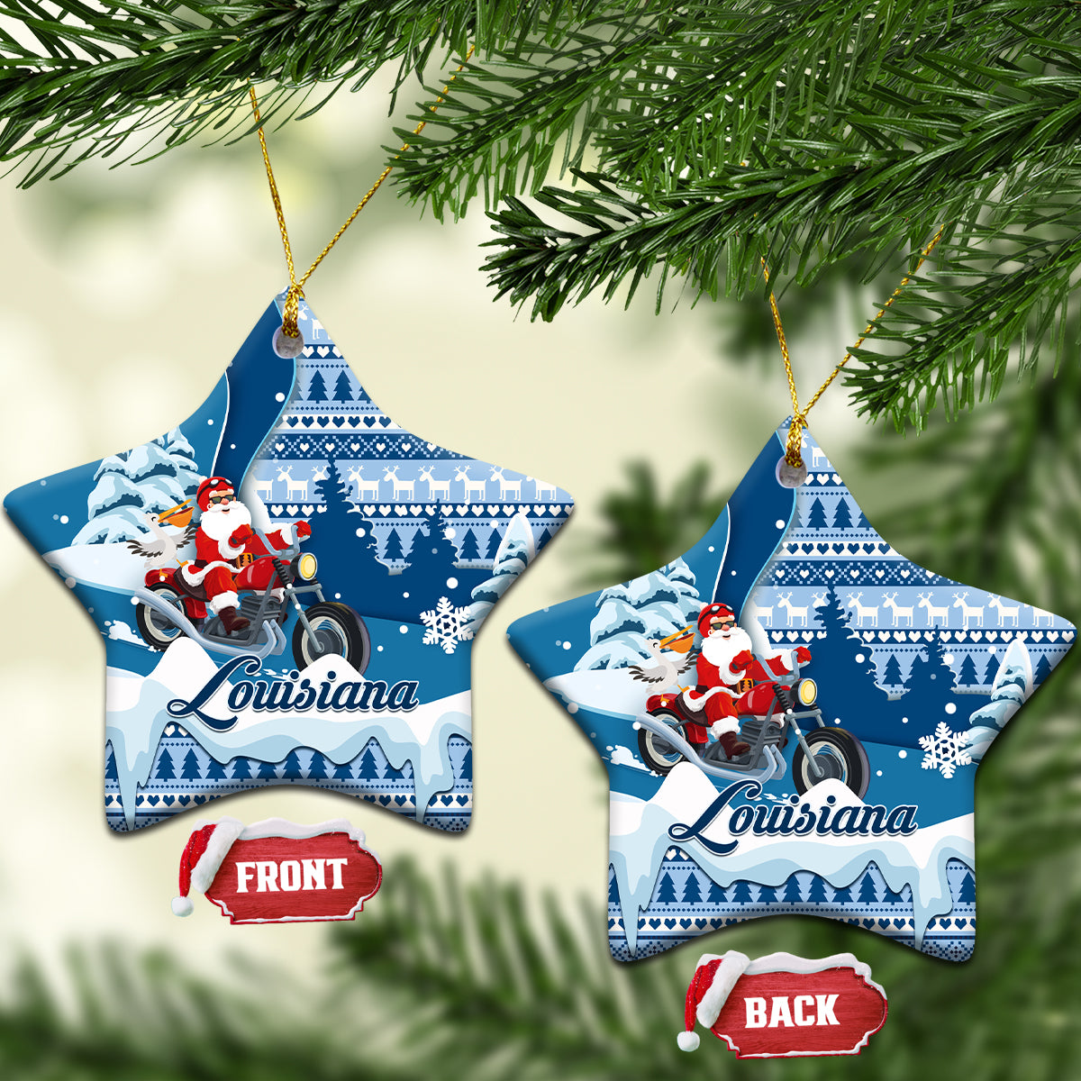 Louisiana Christmas Ceramic Ornament Santa Claus Riding Motorcycle With Pelican - Wonder Print Shop