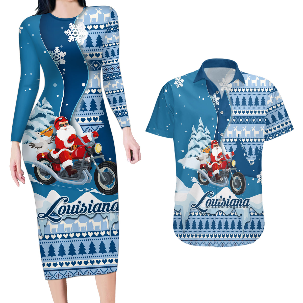 Custom Louisiana Christmas Couples Matching Long Sleeve Bodycon Dress and Hawaiian Shirt Santa Claus Riding Motorcycle With Pelican - Wonder Print Shop