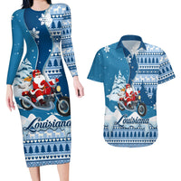 Custom Louisiana Christmas Couples Matching Long Sleeve Bodycon Dress and Hawaiian Shirt Santa Claus Riding Motorcycle With Pelican - Wonder Print Shop