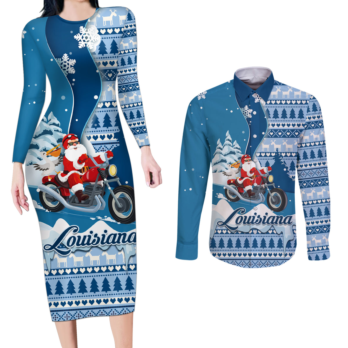 Custom Louisiana Christmas Couples Matching Long Sleeve Bodycon Dress and Long Sleeve Button Shirt Santa Claus Riding Motorcycle With Pelican - Wonder Print Shop