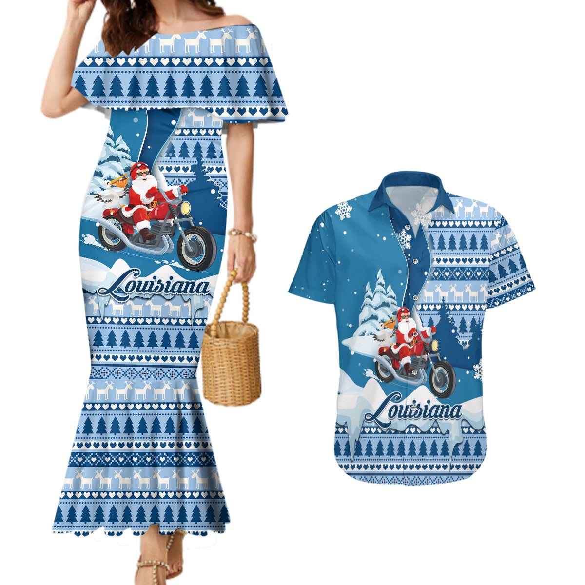 Custom Louisiana Christmas Couples Matching Mermaid Dress and Hawaiian Shirt Santa Claus Riding Motorcycle With Pelican - Wonder Print Shop