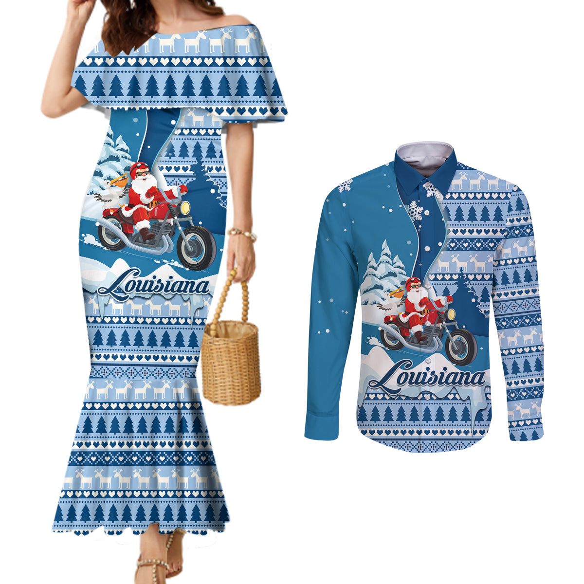 Custom Louisiana Christmas Couples Matching Mermaid Dress and Long Sleeve Button Shirt Santa Claus Riding Motorcycle With Pelican LT01