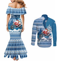 Custom Louisiana Christmas Couples Matching Mermaid Dress and Long Sleeve Button Shirt Santa Claus Riding Motorcycle With Pelican LT01