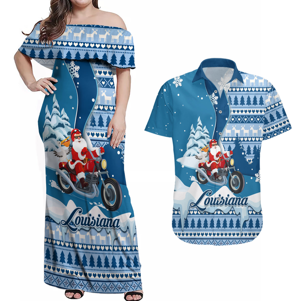 Custom Louisiana Christmas Couples Matching Off Shoulder Maxi Dress and Hawaiian Shirt Santa Claus Riding Motorcycle With Pelican - Wonder Print Shop