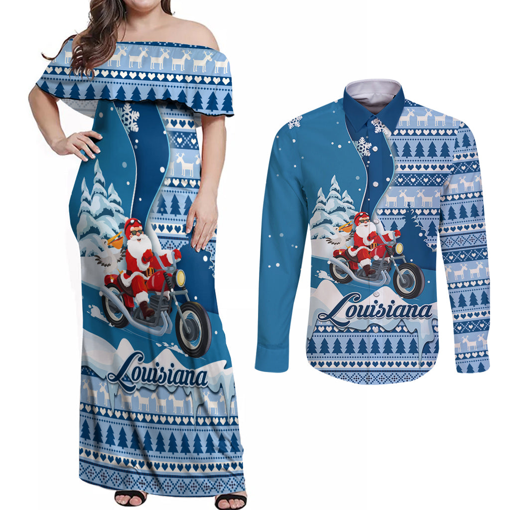Custom Louisiana Christmas Couples Matching Off Shoulder Maxi Dress and Long Sleeve Button Shirt Santa Claus Riding Motorcycle With Pelican - Wonder Print Shop