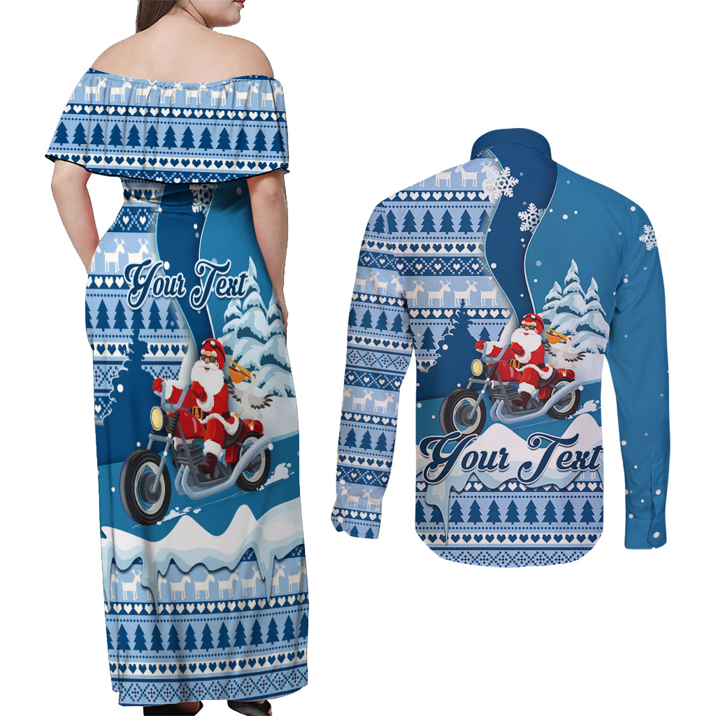 Custom Louisiana Christmas Couples Matching Off Shoulder Maxi Dress and Long Sleeve Button Shirt Santa Claus Riding Motorcycle With Pelican - Wonder Print Shop