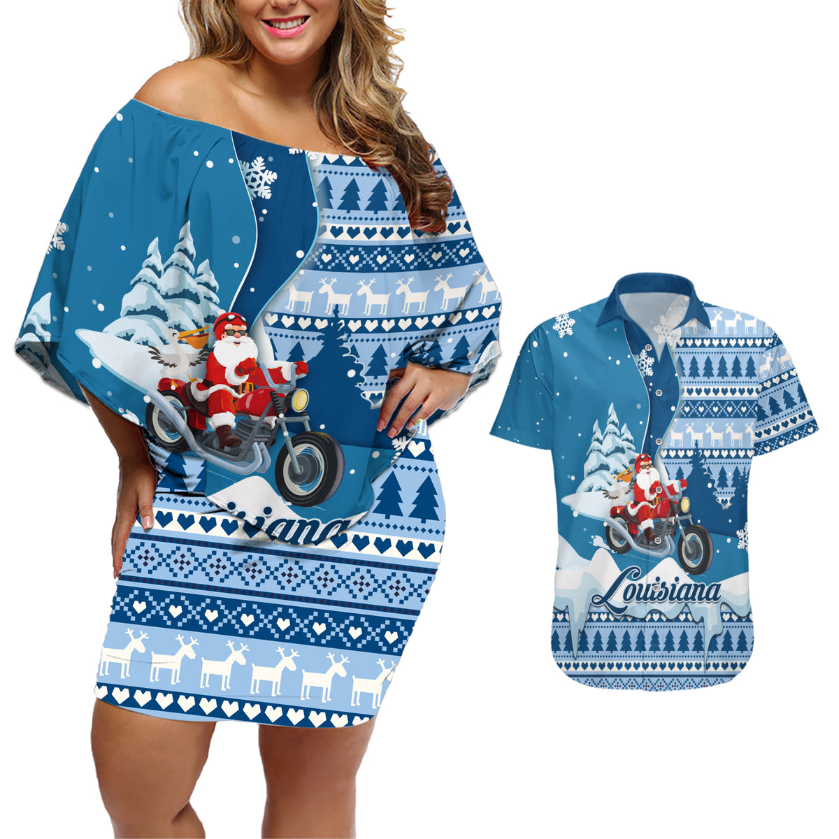 Custom Louisiana Christmas Couples Matching Off Shoulder Short Dress and Hawaiian Shirt Santa Claus Riding Motorcycle With Pelican - Wonder Print Shop