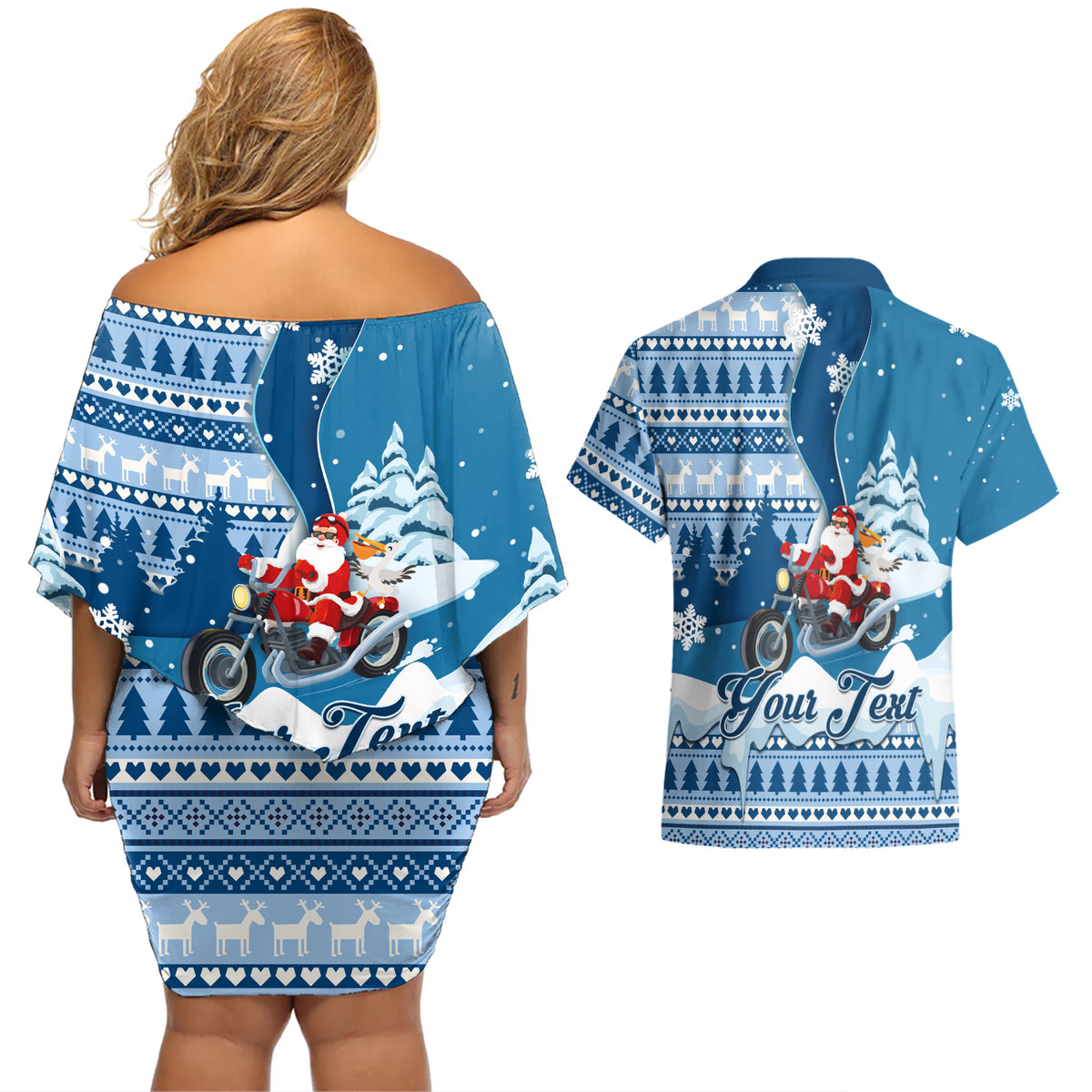 Custom Louisiana Christmas Couples Matching Off Shoulder Short Dress and Hawaiian Shirt Santa Claus Riding Motorcycle With Pelican - Wonder Print Shop