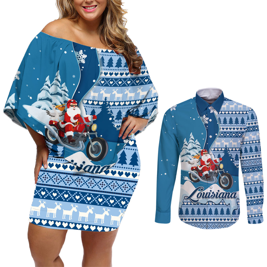 Custom Louisiana Christmas Couples Matching Off Shoulder Short Dress and Long Sleeve Button Shirt Santa Claus Riding Motorcycle With Pelican - Wonder Print Shop