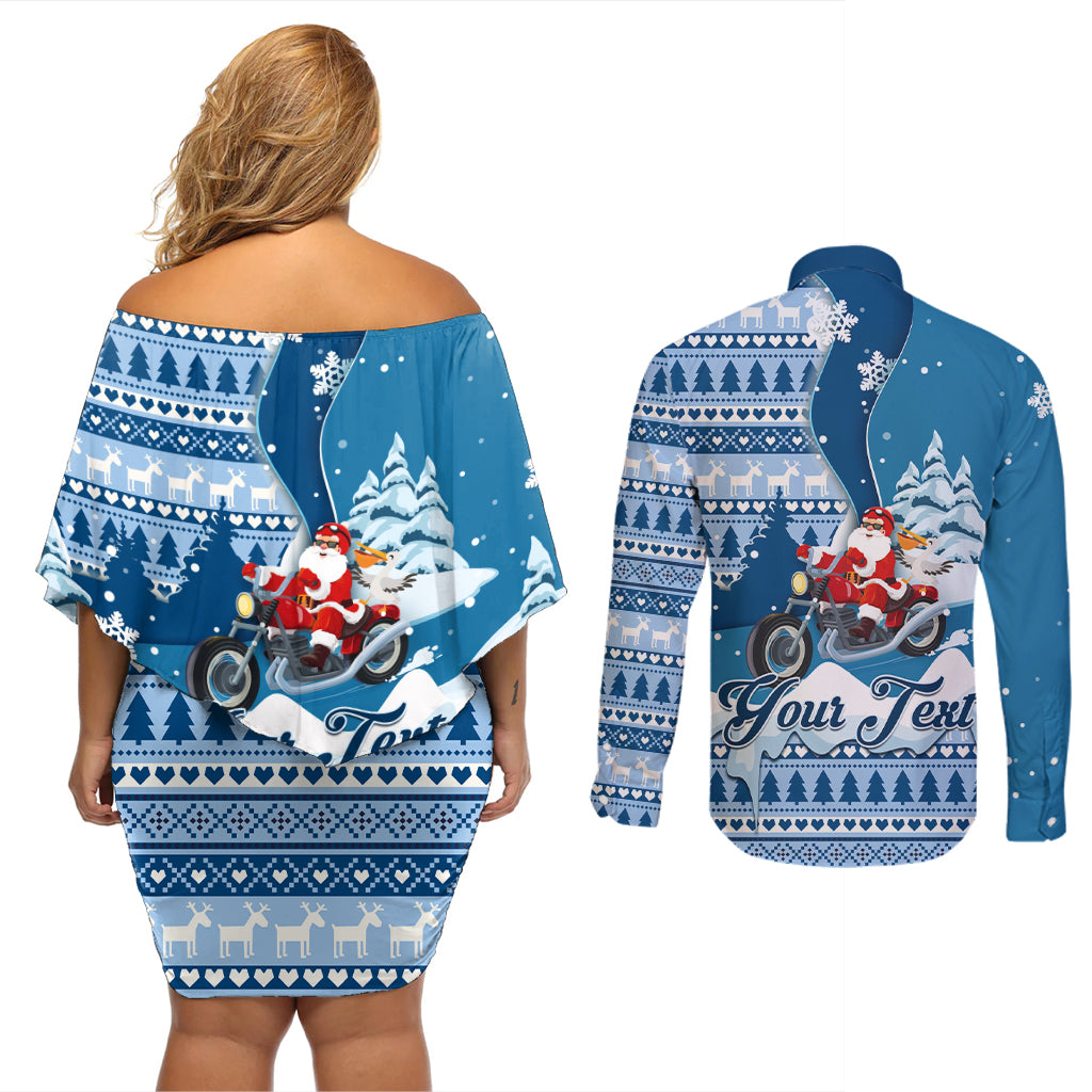 Custom Louisiana Christmas Couples Matching Off Shoulder Short Dress and Long Sleeve Button Shirt Santa Claus Riding Motorcycle With Pelican - Wonder Print Shop