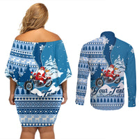Custom Louisiana Christmas Couples Matching Off Shoulder Short Dress and Long Sleeve Button Shirt Santa Claus Riding Motorcycle With Pelican - Wonder Print Shop