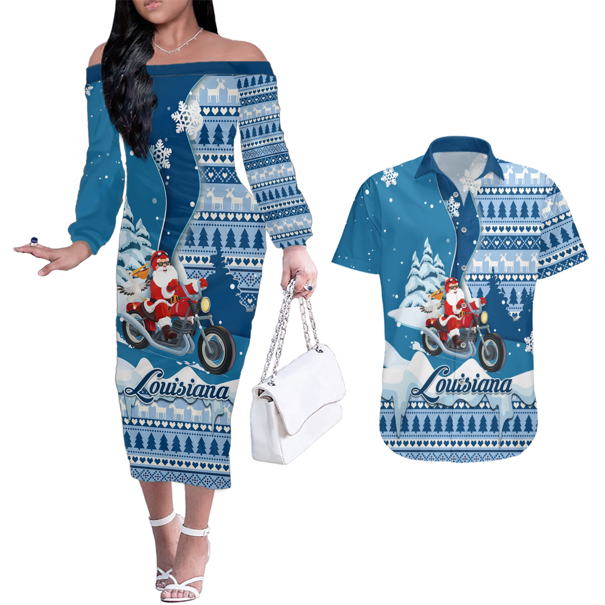 Custom Louisiana Christmas Couples Matching Off The Shoulder Long Sleeve Dress and Hawaiian Shirt Santa Claus Riding Motorcycle With Pelican - Wonder Print Shop