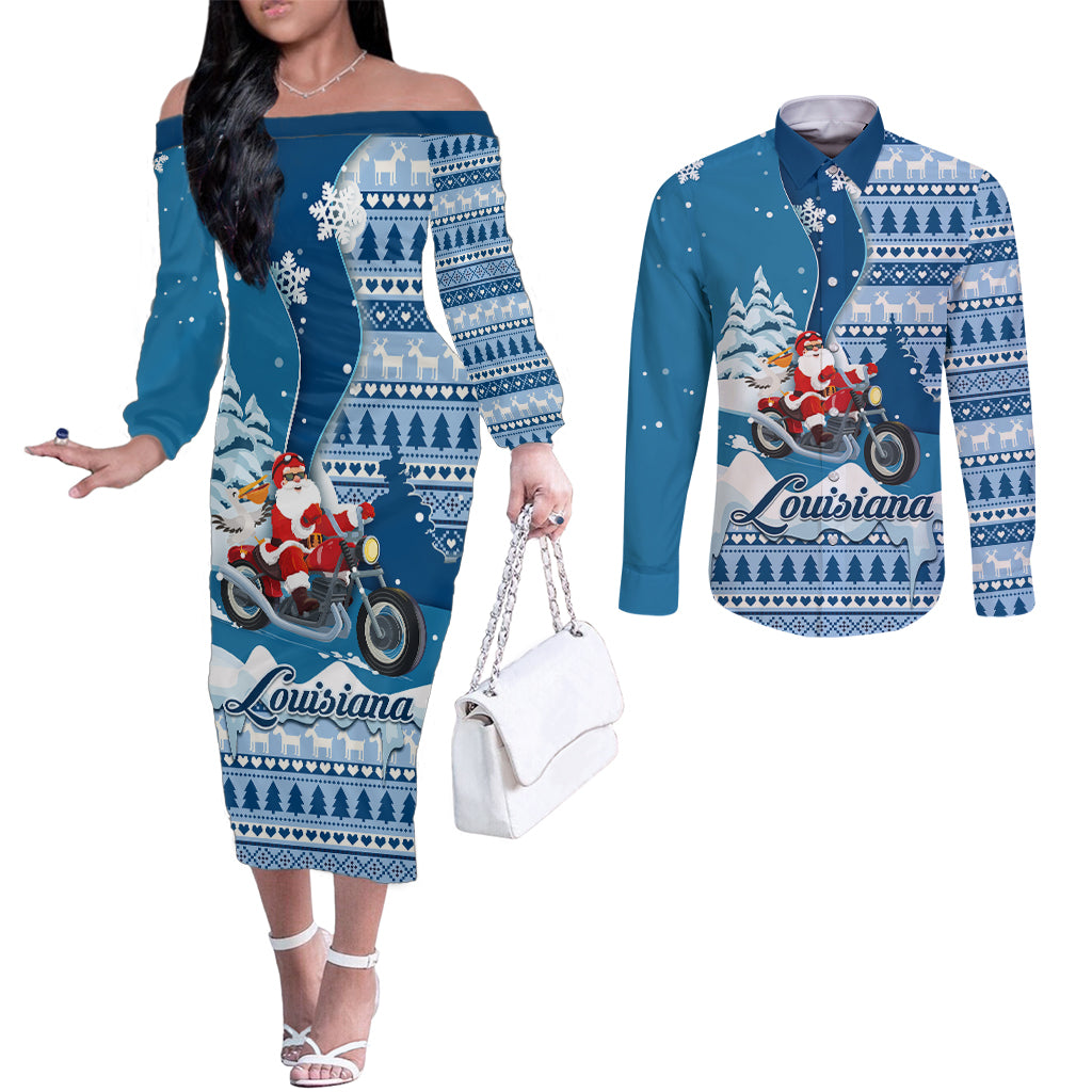 Custom Louisiana Christmas Couples Matching Off The Shoulder Long Sleeve Dress and Long Sleeve Button Shirt Santa Claus Riding Motorcycle With Pelican LT01