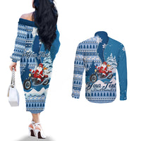 Custom Louisiana Christmas Couples Matching Off The Shoulder Long Sleeve Dress and Long Sleeve Button Shirt Santa Claus Riding Motorcycle With Pelican LT01