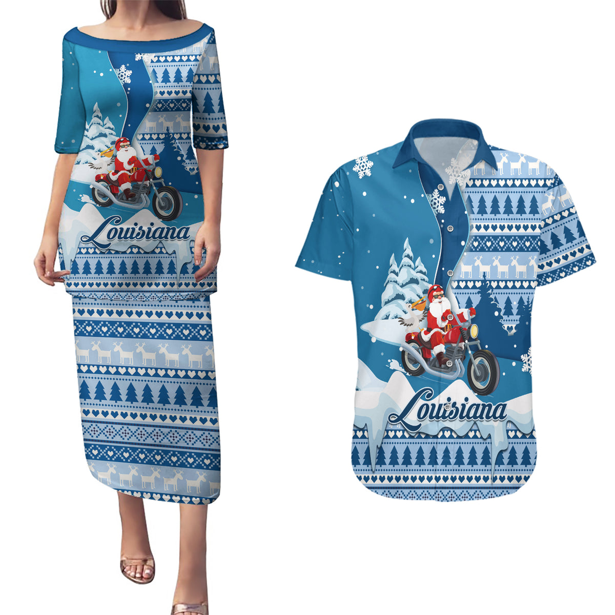 Custom Louisiana Christmas Couples Matching Puletasi Dress and Hawaiian Shirt Santa Claus Riding Motorcycle With Pelican - Wonder Print Shop