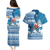 Custom Louisiana Christmas Couples Matching Puletasi Dress and Hawaiian Shirt Santa Claus Riding Motorcycle With Pelican - Wonder Print Shop