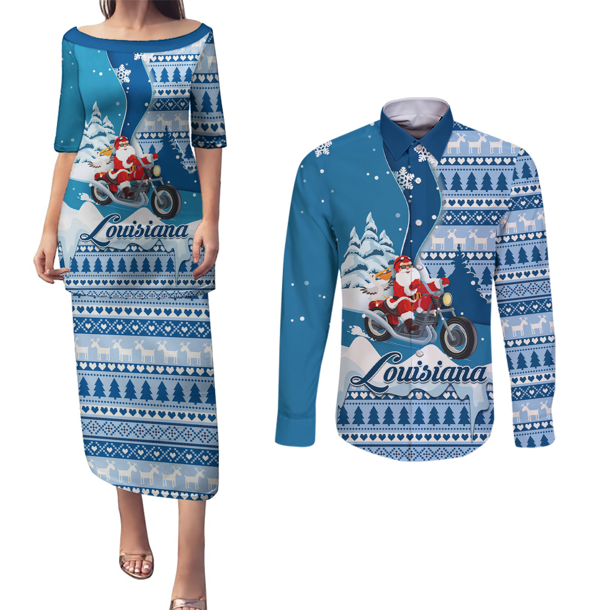 Custom Louisiana Christmas Couples Matching Puletasi Dress and Long Sleeve Button Shirt Santa Claus Riding Motorcycle With Pelican - Wonder Print Shop