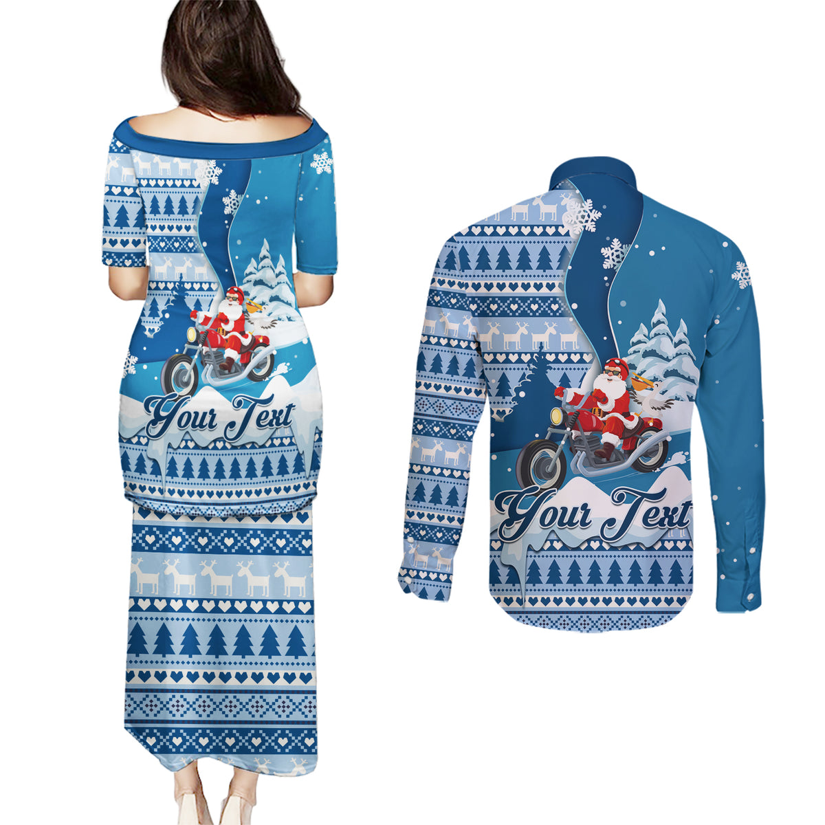 Custom Louisiana Christmas Couples Matching Puletasi Dress and Long Sleeve Button Shirt Santa Claus Riding Motorcycle With Pelican - Wonder Print Shop