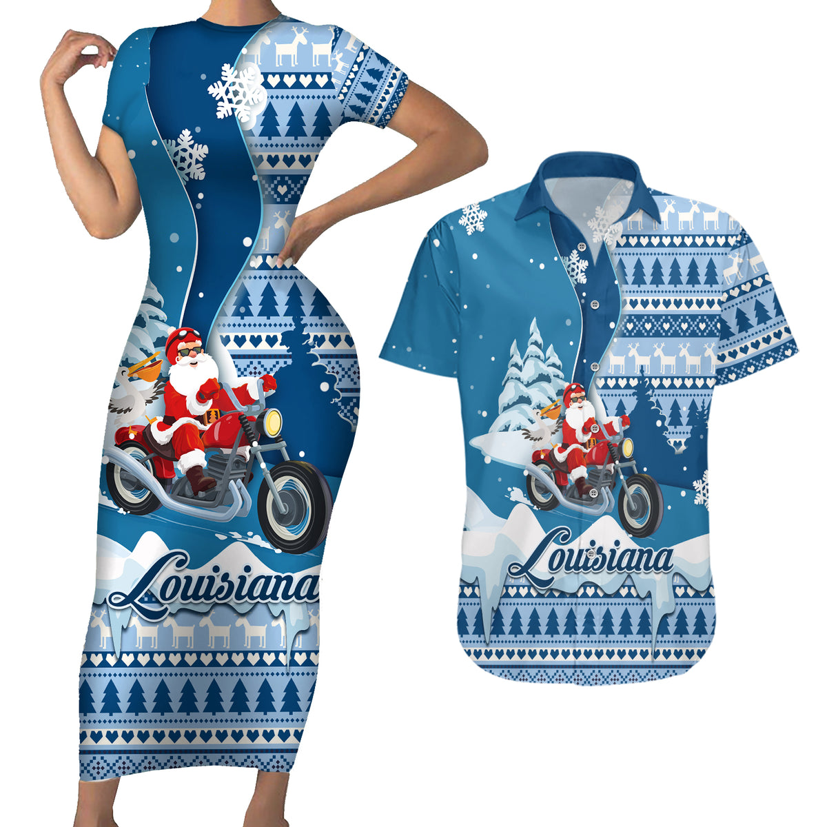 Custom Louisiana Christmas Couples Matching Short Sleeve Bodycon Dress and Hawaiian Shirt Santa Claus Riding Motorcycle With Pelican - Wonder Print Shop