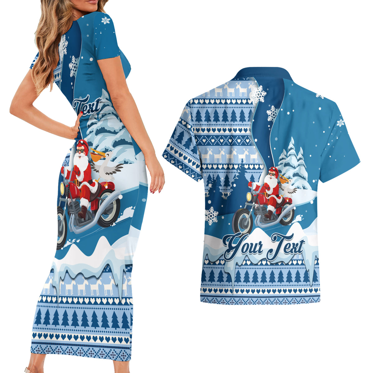 Custom Louisiana Christmas Couples Matching Short Sleeve Bodycon Dress and Hawaiian Shirt Santa Claus Riding Motorcycle With Pelican - Wonder Print Shop
