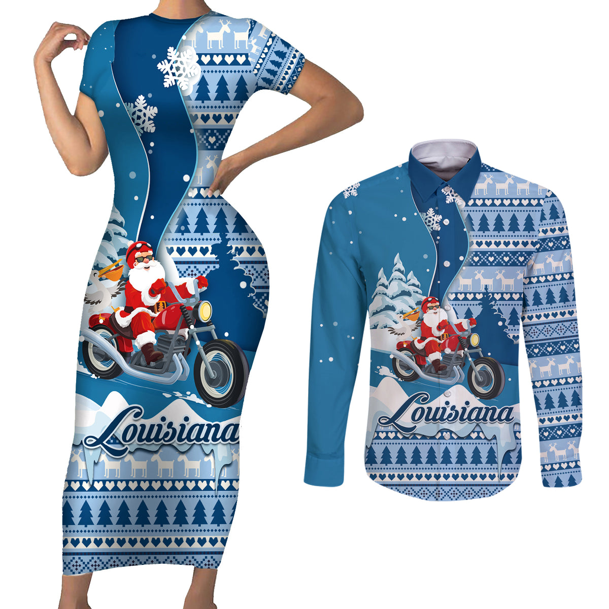 Custom Louisiana Christmas Couples Matching Short Sleeve Bodycon Dress and Long Sleeve Button Shirt Santa Claus Riding Motorcycle With Pelican - Wonder Print Shop