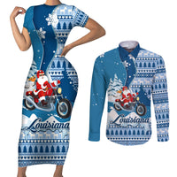 Custom Louisiana Christmas Couples Matching Short Sleeve Bodycon Dress and Long Sleeve Button Shirt Santa Claus Riding Motorcycle With Pelican - Wonder Print Shop