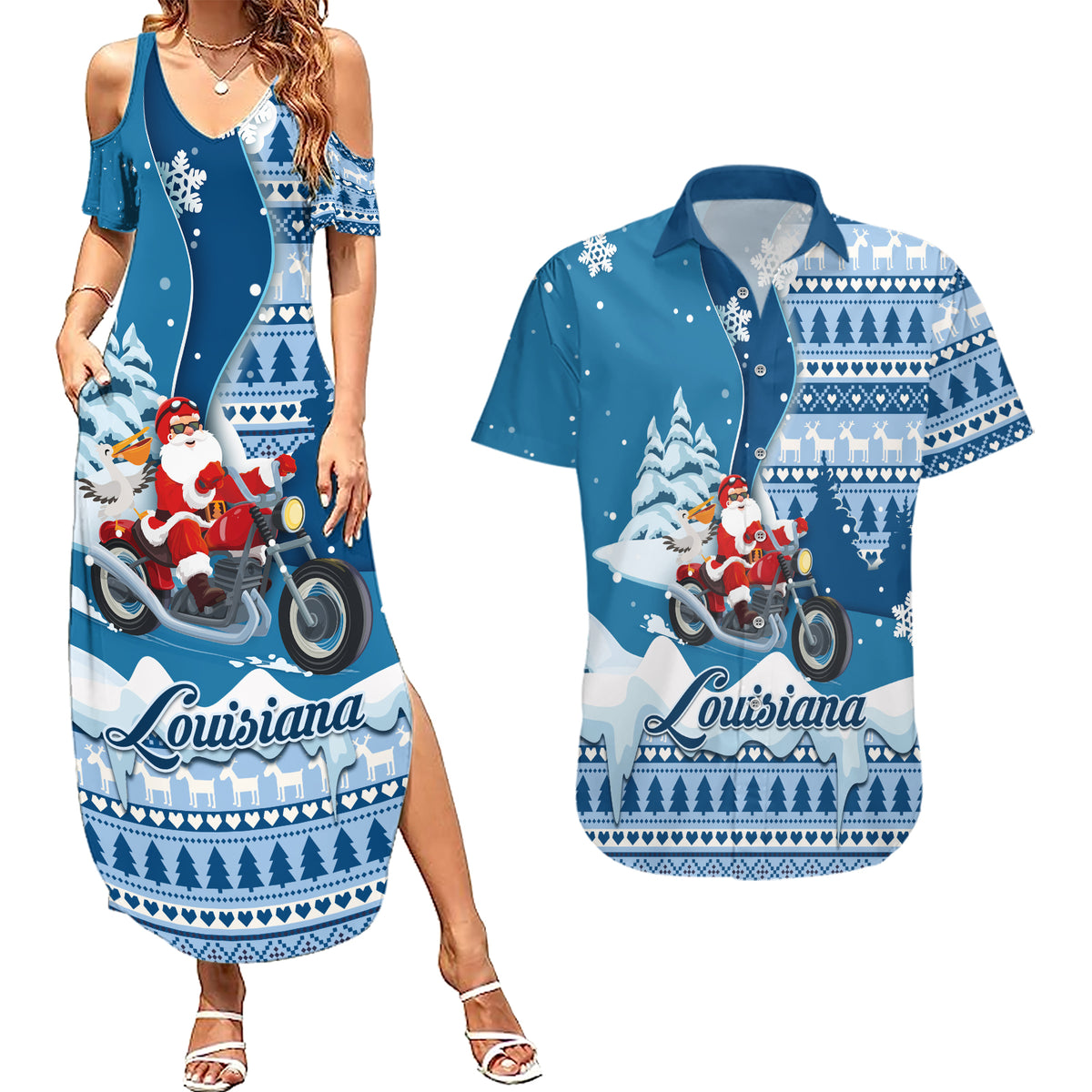 Custom Louisiana Christmas Couples Matching Summer Maxi Dress and Hawaiian Shirt Santa Claus Riding Motorcycle With Pelican - Wonder Print Shop