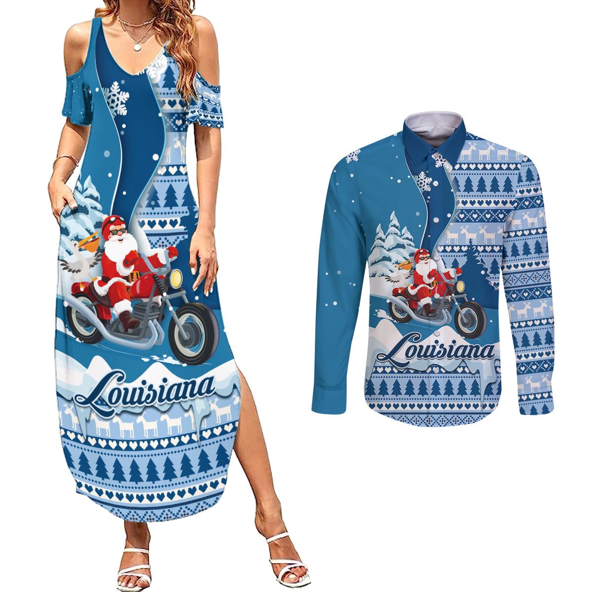 Custom Louisiana Christmas Couples Matching Summer Maxi Dress and Long Sleeve Button Shirt Santa Claus Riding Motorcycle With Pelican - Wonder Print Shop