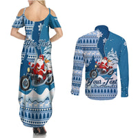 Custom Louisiana Christmas Couples Matching Summer Maxi Dress and Long Sleeve Button Shirt Santa Claus Riding Motorcycle With Pelican - Wonder Print Shop